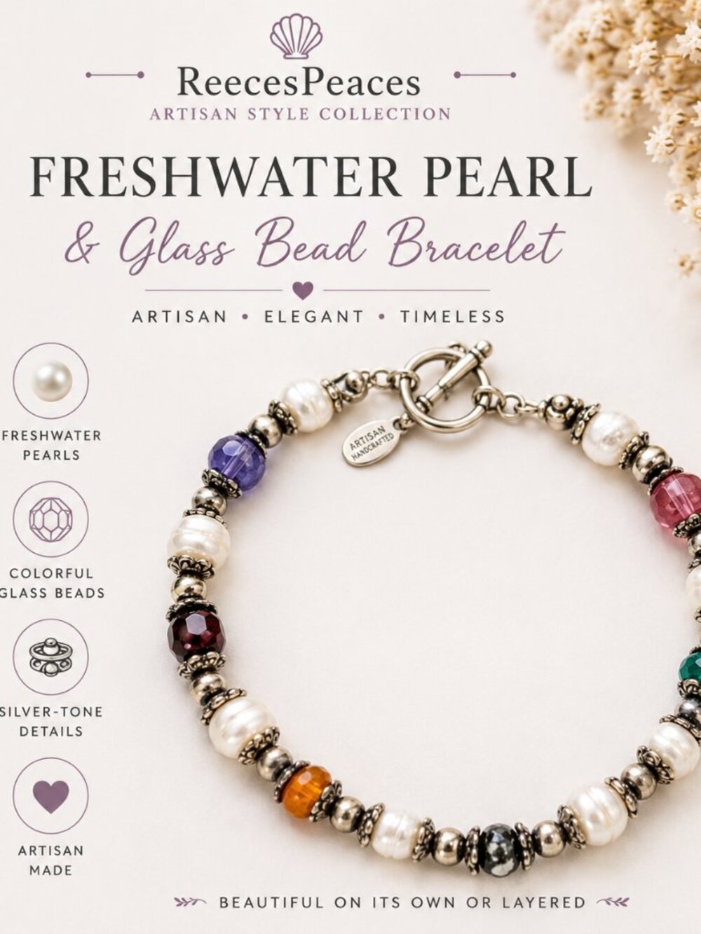 Freshwater Pearl Bracelet Multicolor Glass Beads Silver Toggle